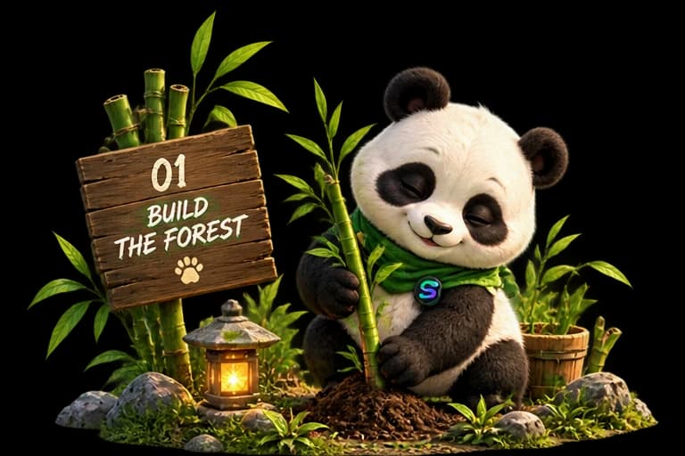 Panda at a wooden sign marking Build the Forest