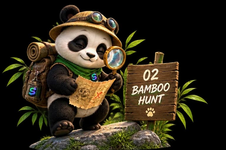 Panda at a wooden sign marking Bamboo Hunt