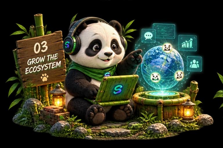 Panda at a wooden sign marking Grow the Ecosystem