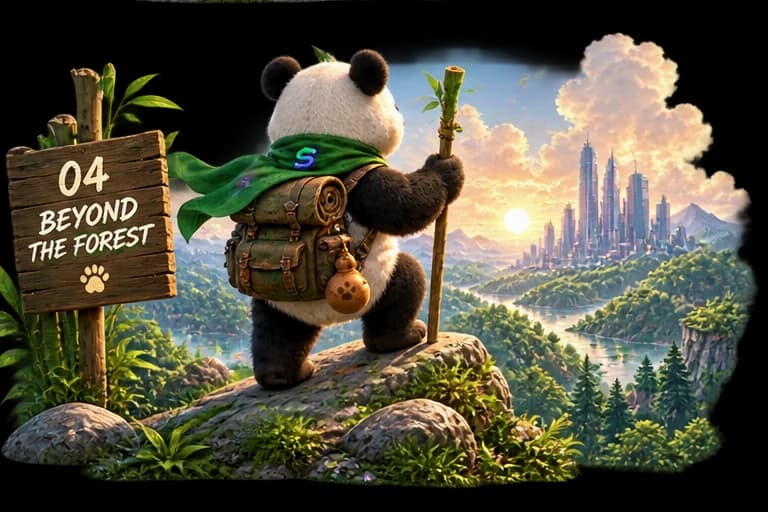 Panda at a wooden sign marking Beyond the Forest