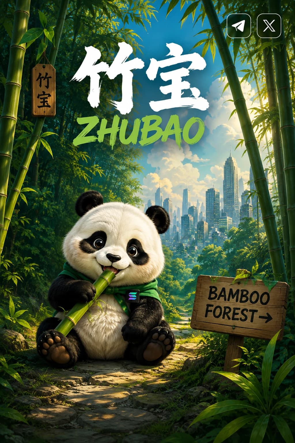 ZhuBao panda in a bamboo forest with Bamboo Forest sign